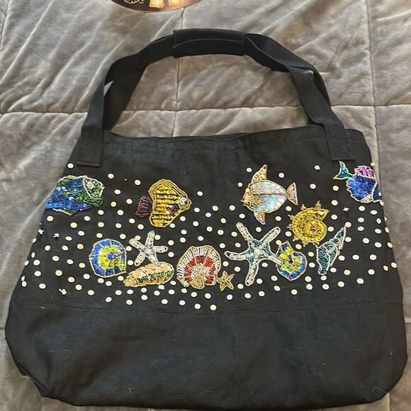 Magid Handmade Beaded Embellished Coastal Fish Tropical Black Tote Shoulder Bag - Picture 10 of 12